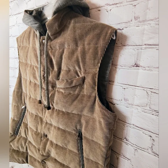 FRADI Down Corduroy Hooded Mens Vest Beige Grey Sz 52